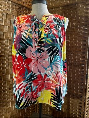 Zac & Rachel Tropical Floral Lace-Up Sleeveless Blouse Linen Blend Size Small